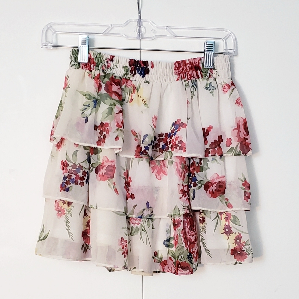 cute tiered ruffle floral off white miniskirt